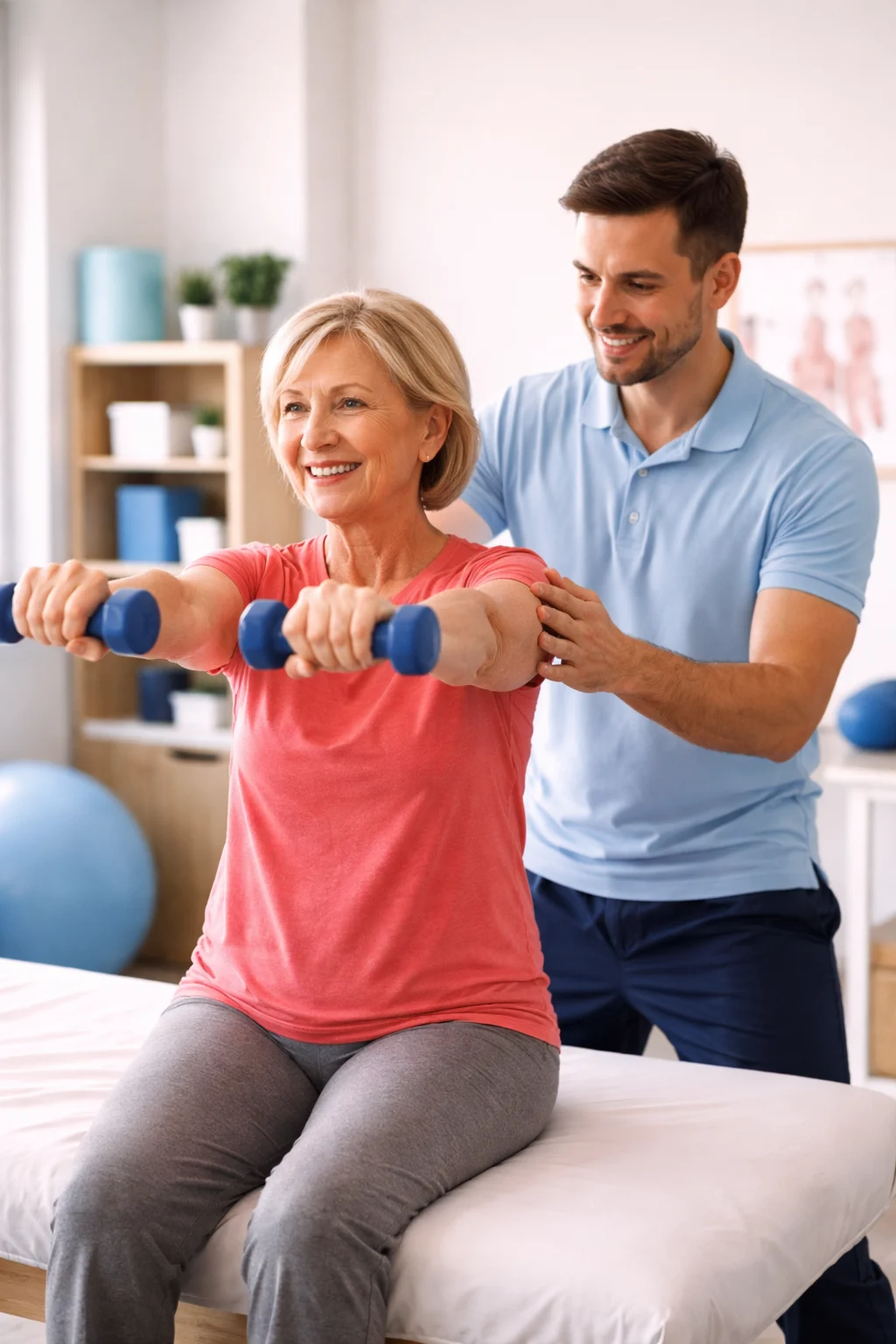 Professional-guided upper-body exercise session used to represent when licensed care may be appropriate.