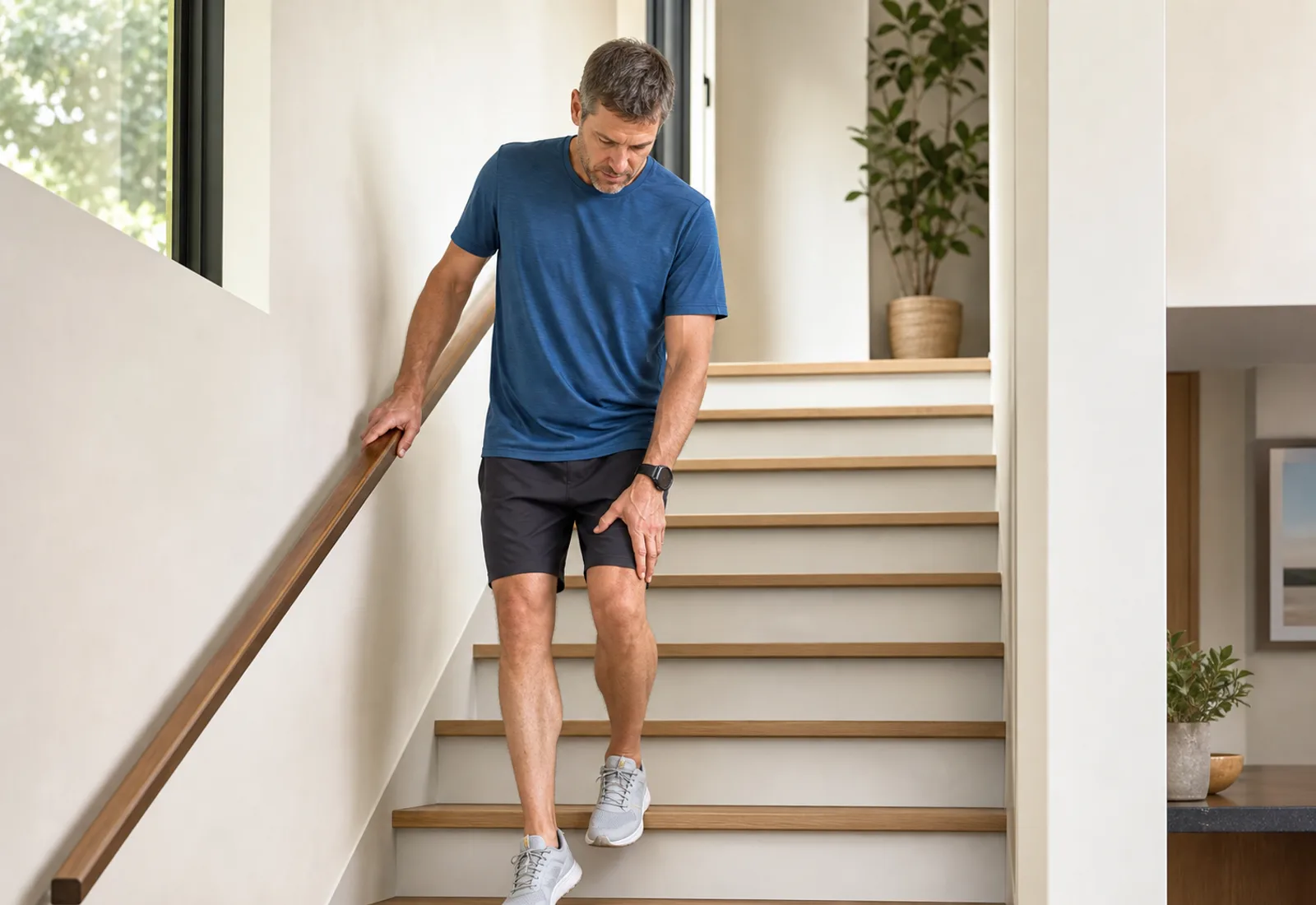 Active adult carefully descending stairs, representing movement-specific knee pain guides.