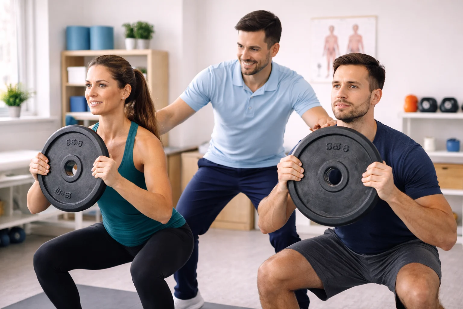 Supervised squat session in a studio setting with a coach observing form.